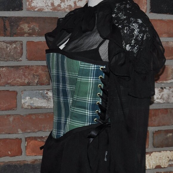 New Reversible Green Plaid & Denim Side & Back Lace-up Corset Bustier Top M - Picture 6 of 13